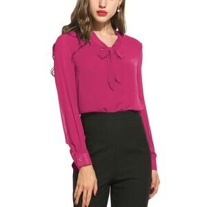 Acevog Women’s Long Sleeve Blouse Size Large Dark Pink Chiffon Button Up Tie NWT